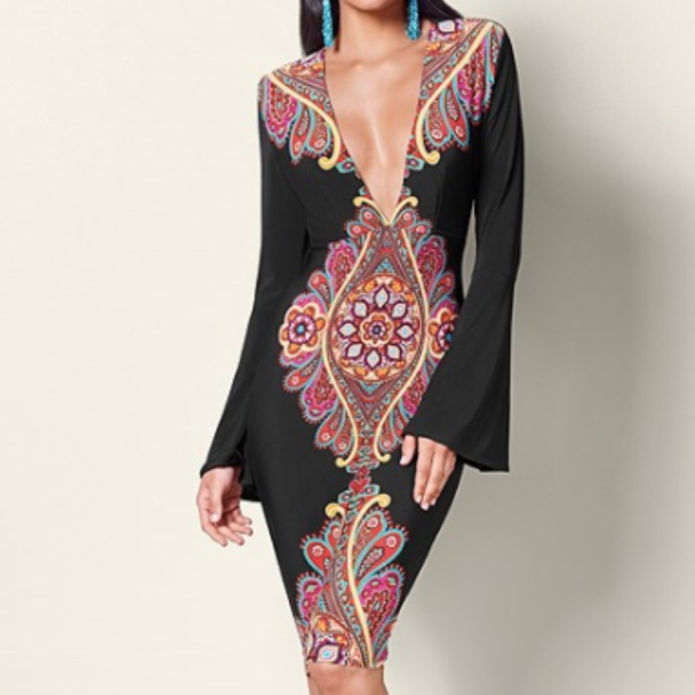 VENUS Black Dress with Colorful Paisley Design
